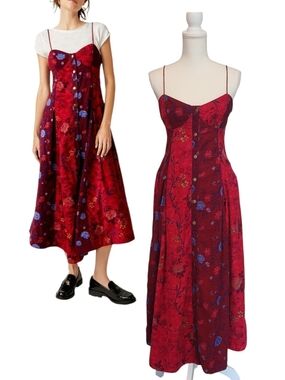 Free People Gail Bohemian Grunge Witchy Corduroy Midi Dress Scarlet Combo Small